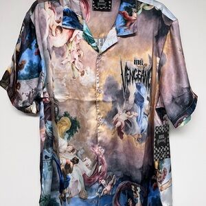REBEL VENGEANCE Shirt Mens XL Wearable Art ITALIAN Boticelli Print Satin
